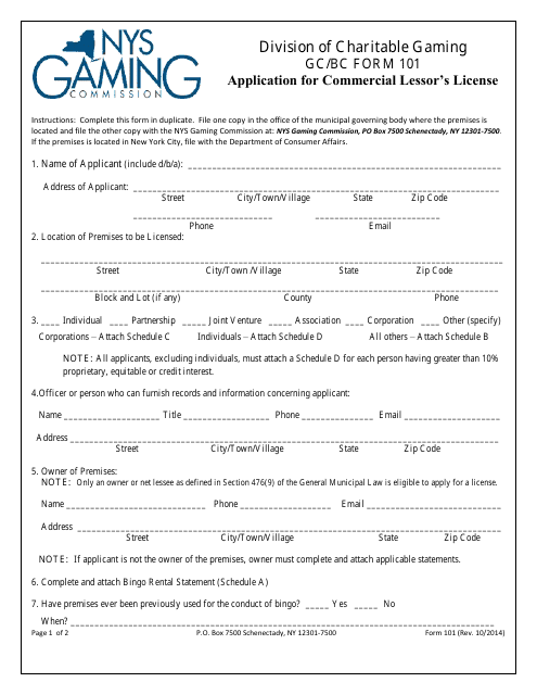 Form GC-101 (BC-101) Application for Commercial Lessor's License - New York