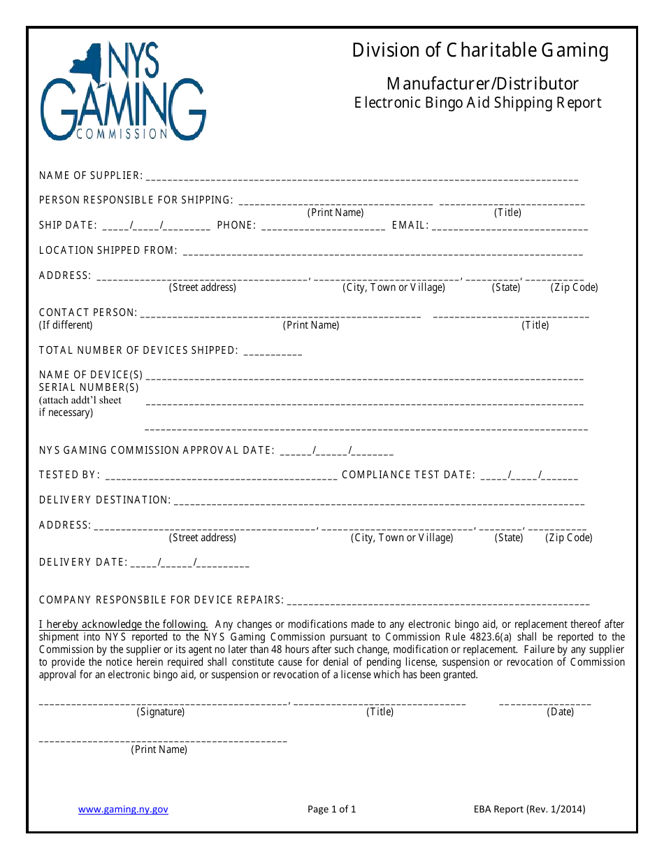 Manufacturer / Distributor Electronic Bingo Aid Shipping Report - New York, Page 1