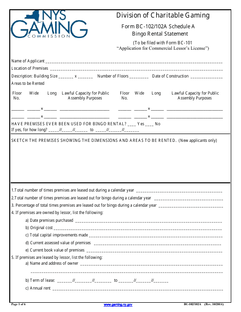 Form BC-102 (BC-102A) Schedule A Bingo Rental Statement - New York