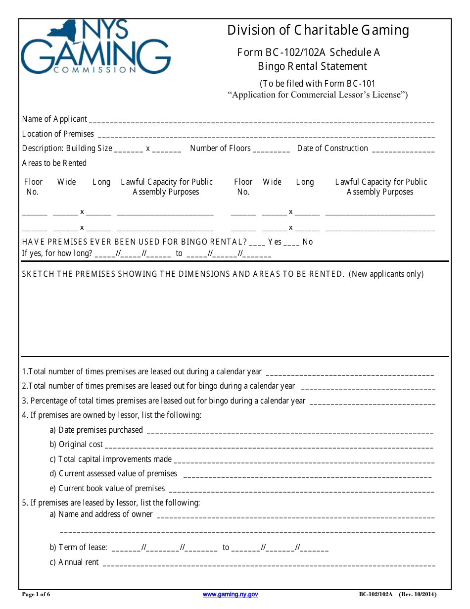 Form BC-102 (BC-102A) Schedule A Bingo Rental Statement - New York, Page 1