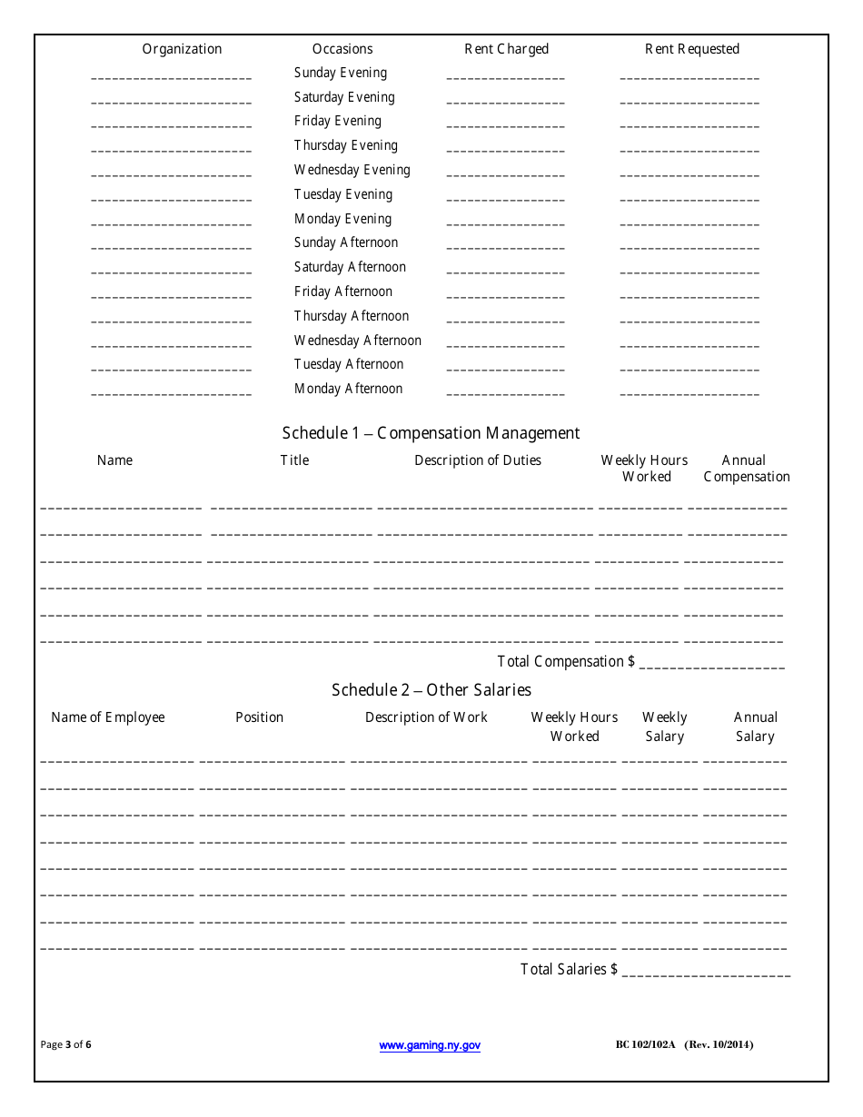 Form BC-102 (BC-102A) Schedule A Bingo Rental Statement - New York, Page 3