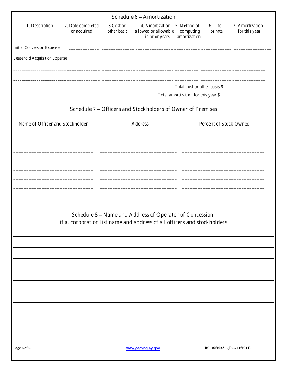 Form BC-102 (BC-102A) Schedule A Bingo Rental Statement - New York, Page 5