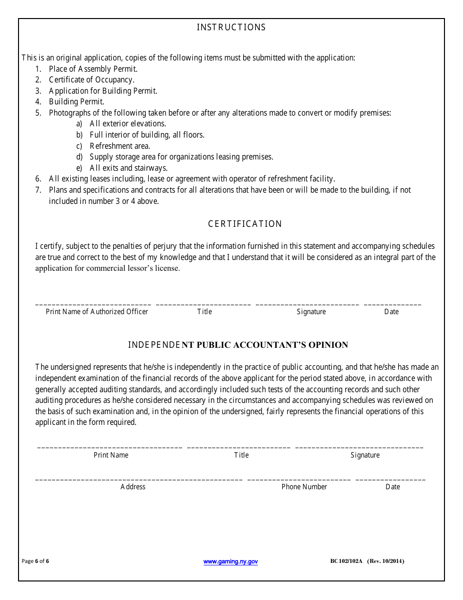 Form BC-102 (BC-102A) Schedule A Bingo Rental Statement - New York, Page 6