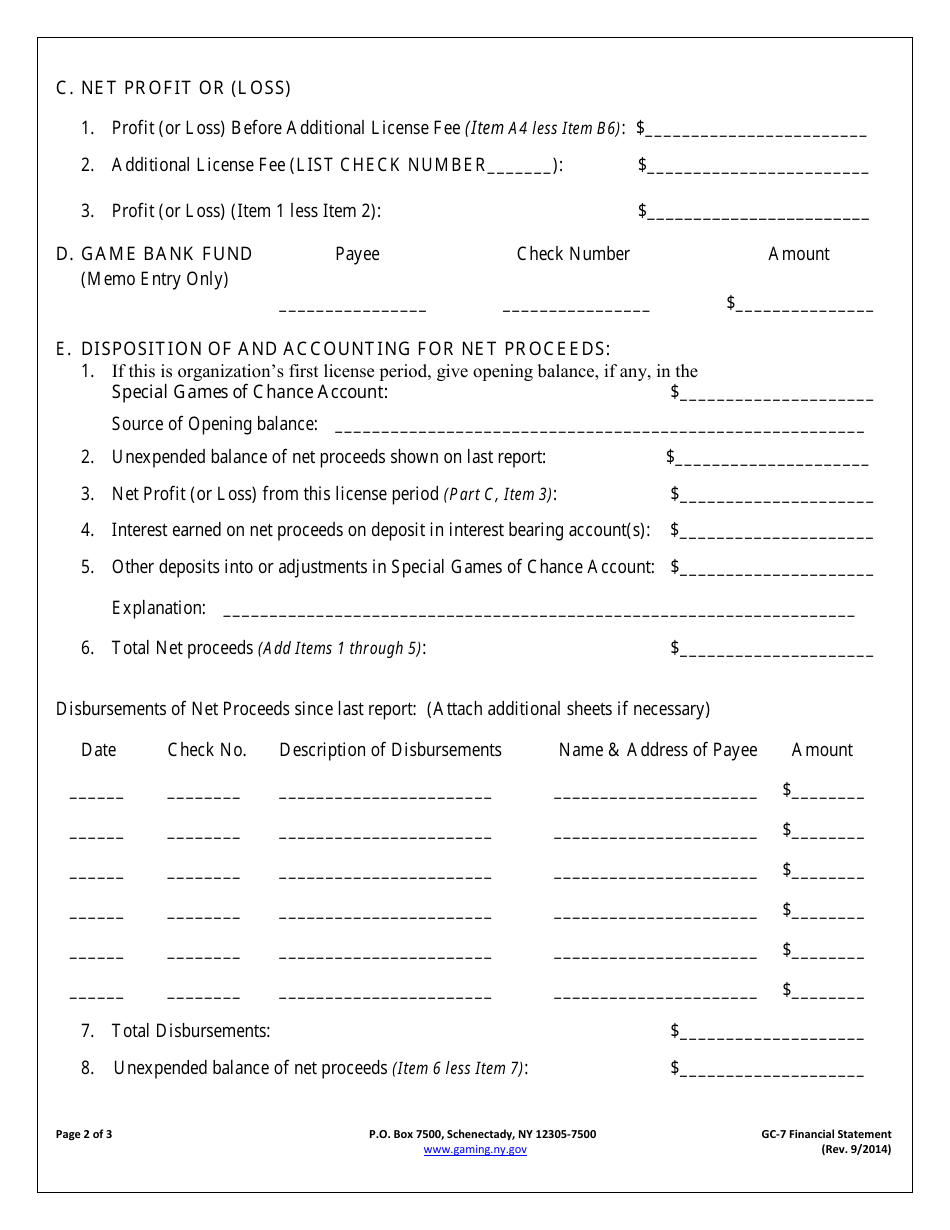 Form GC-7 Financial Statement of Games of Chance Operations - New York, Page 2