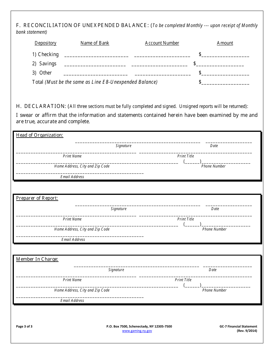 Form GC-7 Financial Statement of Games of Chance Operations - New York, Page 3