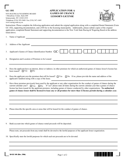 Form GC-101 Application for a Games of Chance Lessor's License - New York