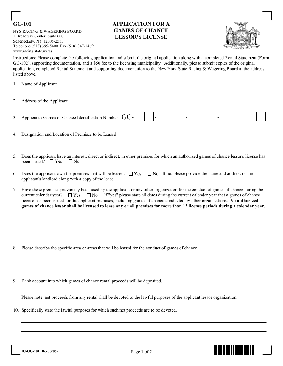 Form GC-101 Application for a Games of Chance Lessors License - New York, Page 1