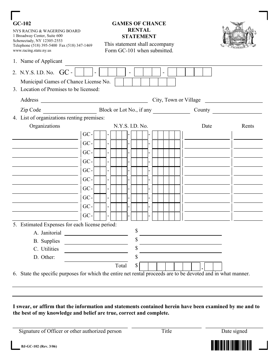 Form GC-102 Games of Chance Rental Statement - New York, Page 1