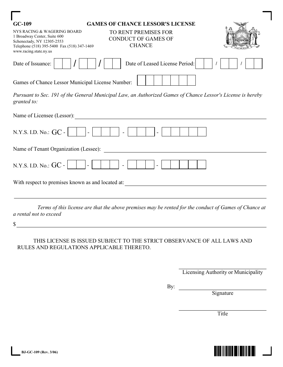 Form GC-109 Games of Chance Lessors License - New York, Page 1
