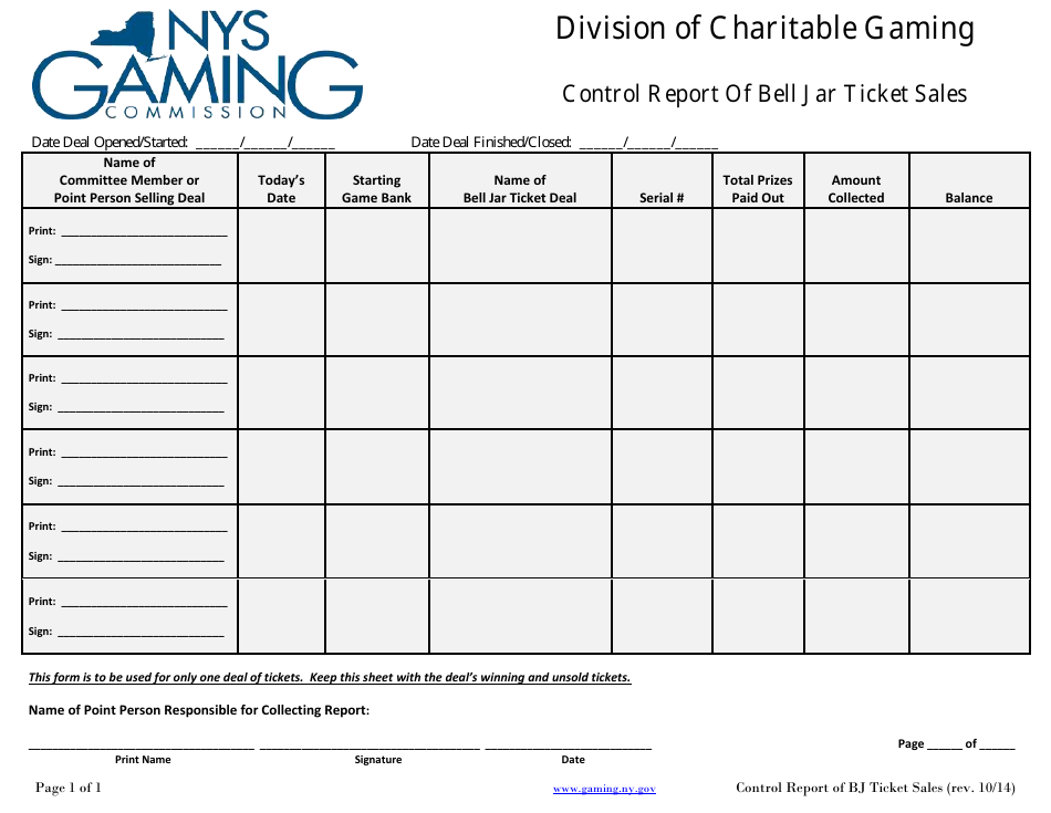 Control Report of Bell Jar Ticket Sales - New York, Page 1