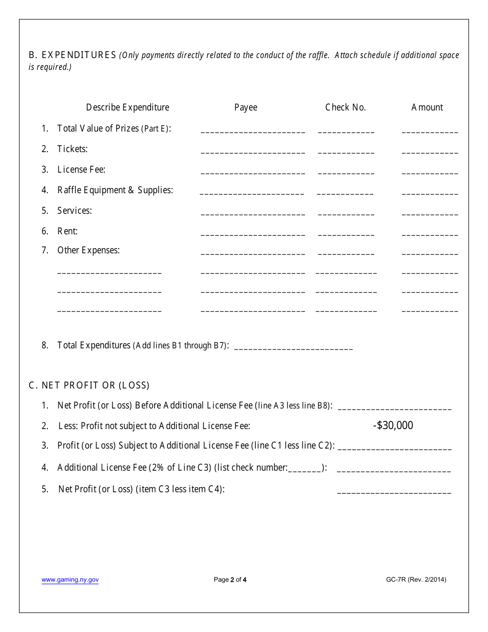 Form GC-7R Financial Statement of Raffle Operations - New York, Page 2