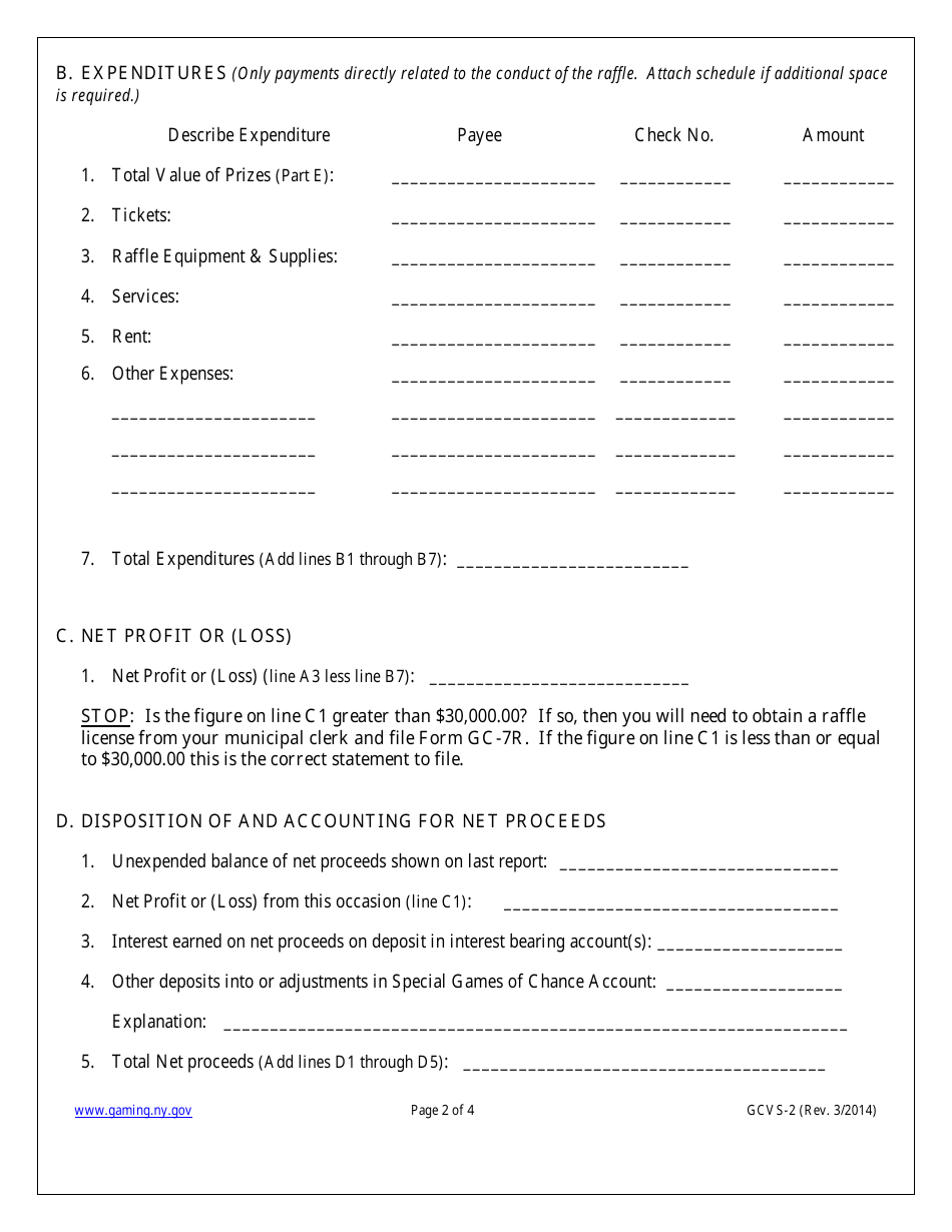 Form GCVS-2 Verified Statement of Raffle Operations With Net Profits Less Than $30,000 - New York, Page 2