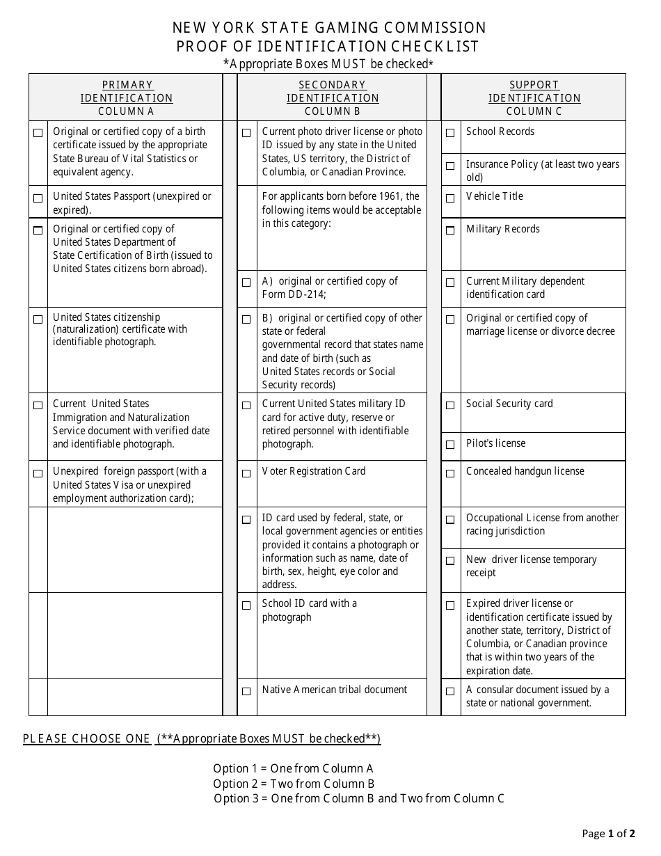 Proof of Identification Checklist - New York, Page 1