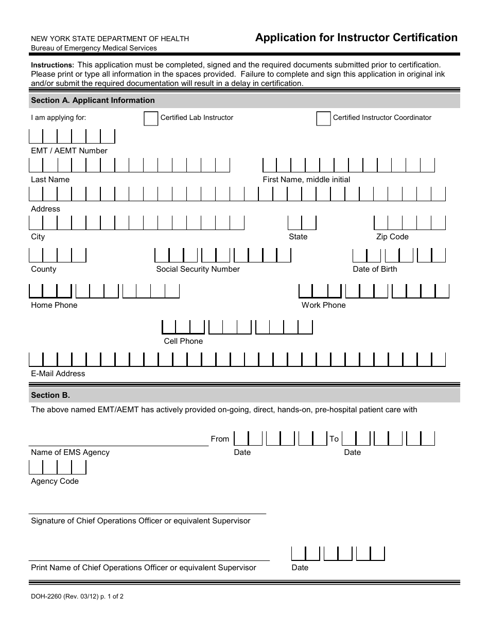 Form DOH-2260 Application for Instructor Certification - New York, Page 1