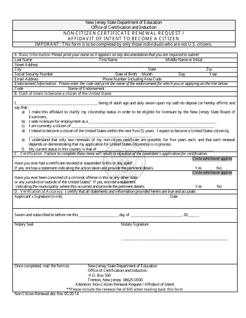 Non-citizen Certificate Renewal Request / Affidavit of Intent to Become a Citizen - New Jersey Download Pdf