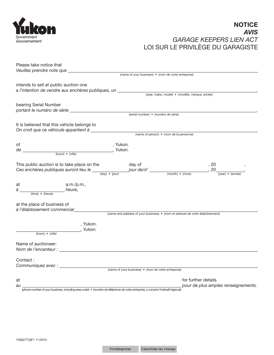 Form YG6277 Garage Keepers Lien Act Notice - Yukon, Canada (English / French), Page 1