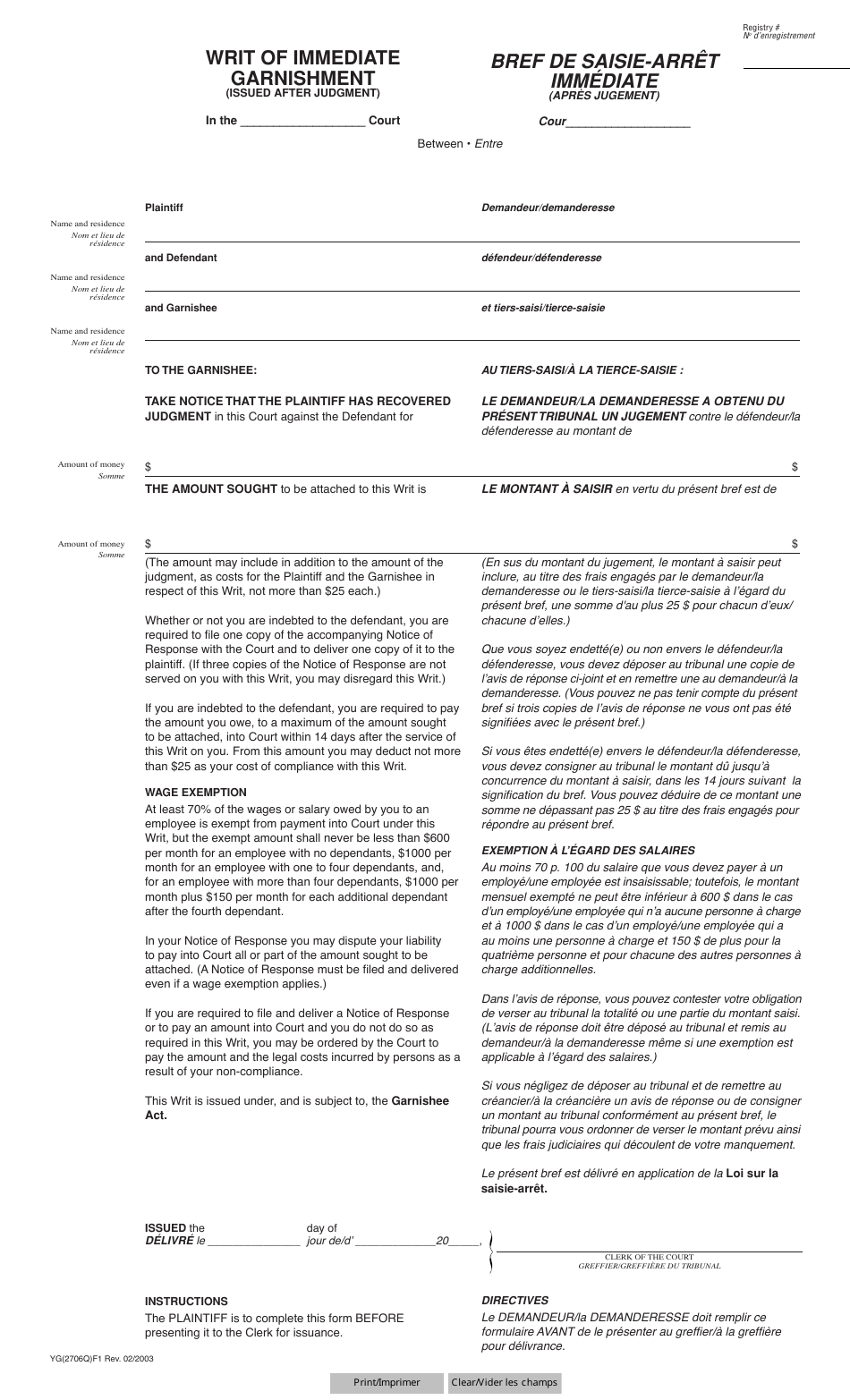Form YG2706 Writ of Immediate Garnishment - Yukon, Canada (English / French), Page 1