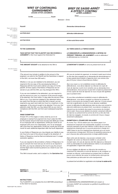 Form YG2614 Writ of Continuing Garnishment - Yukon, Canada (English/French)
