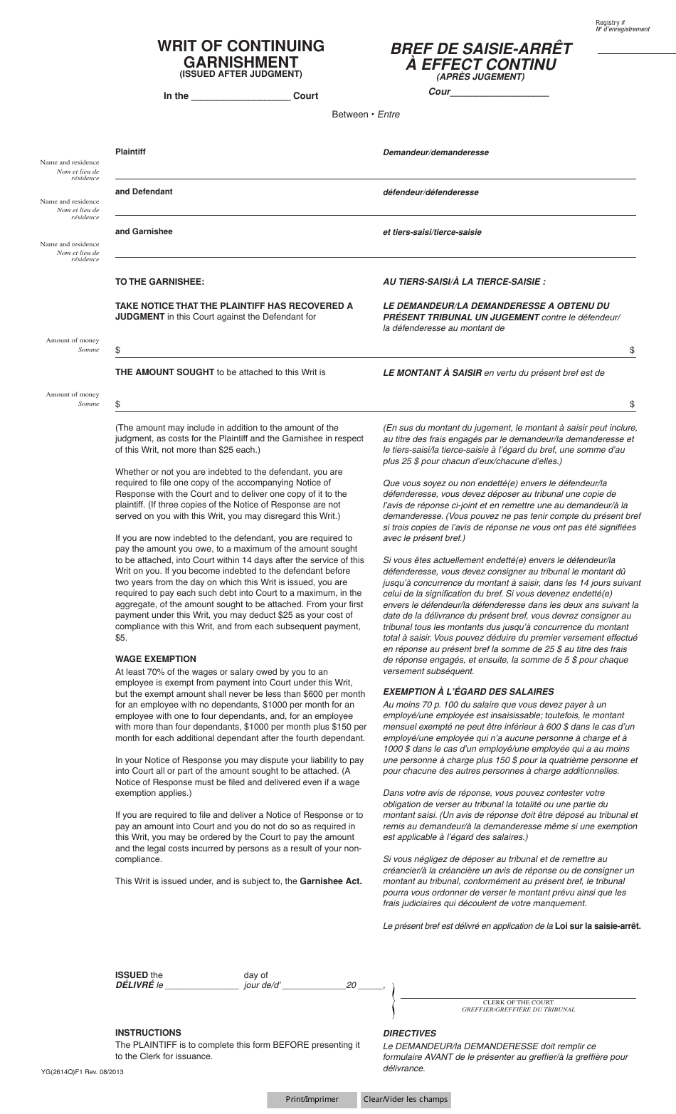 Form YG2614 Writ of Continuing Garnishment - Yukon, Canada (English / French), Page 1