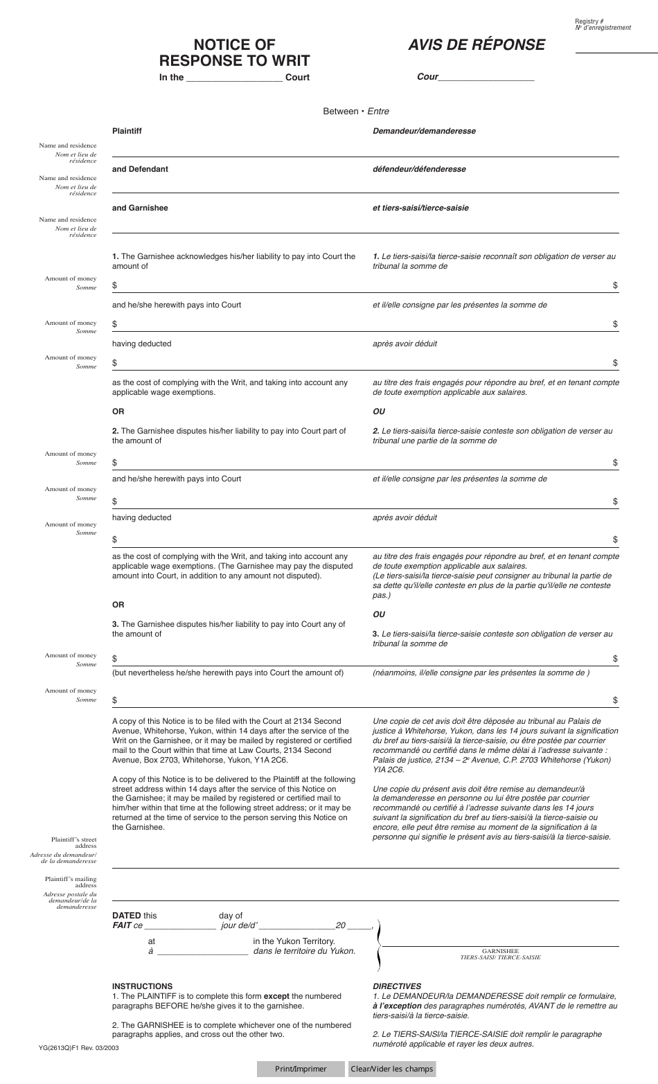 Form YG2613 Notice of Response to Writ - Yukon, Canada (English / French), Page 1
