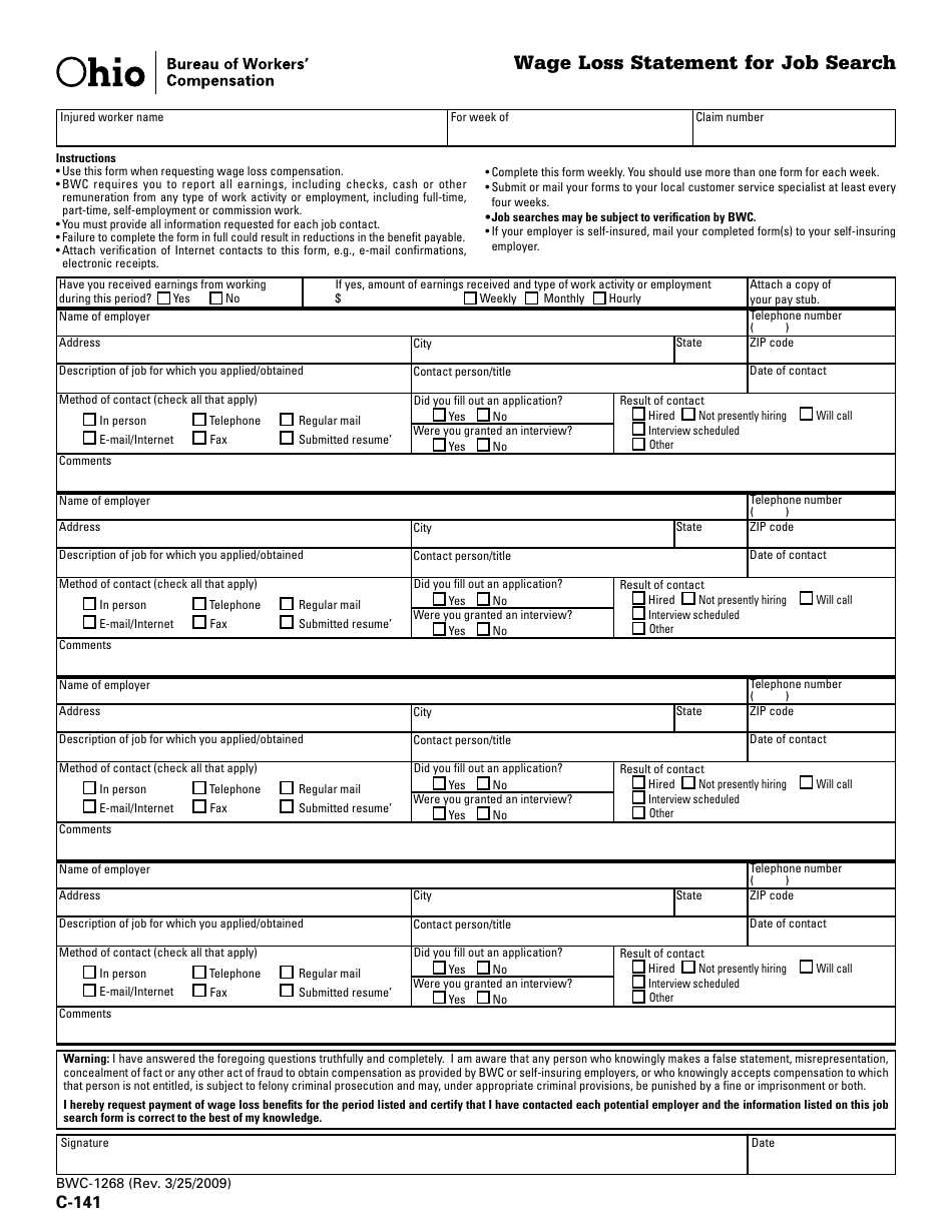 Form C-141 (BWC-1268) Wage Loss Statement for Job Search - Ohio, Page 1