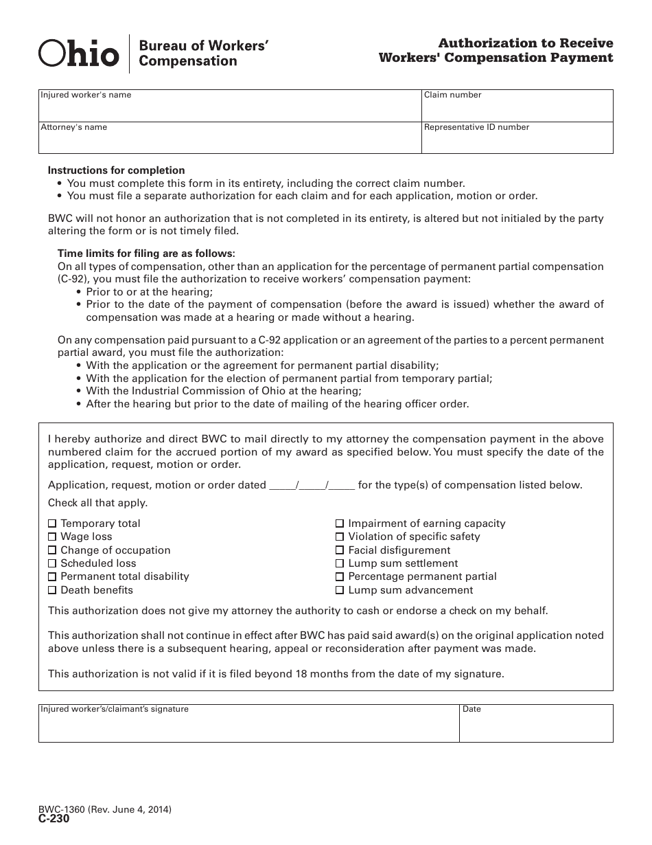 Form C-230 (BWC-1360) Authorization to Receive Workers Compensation Payment - Ohio, Page 1