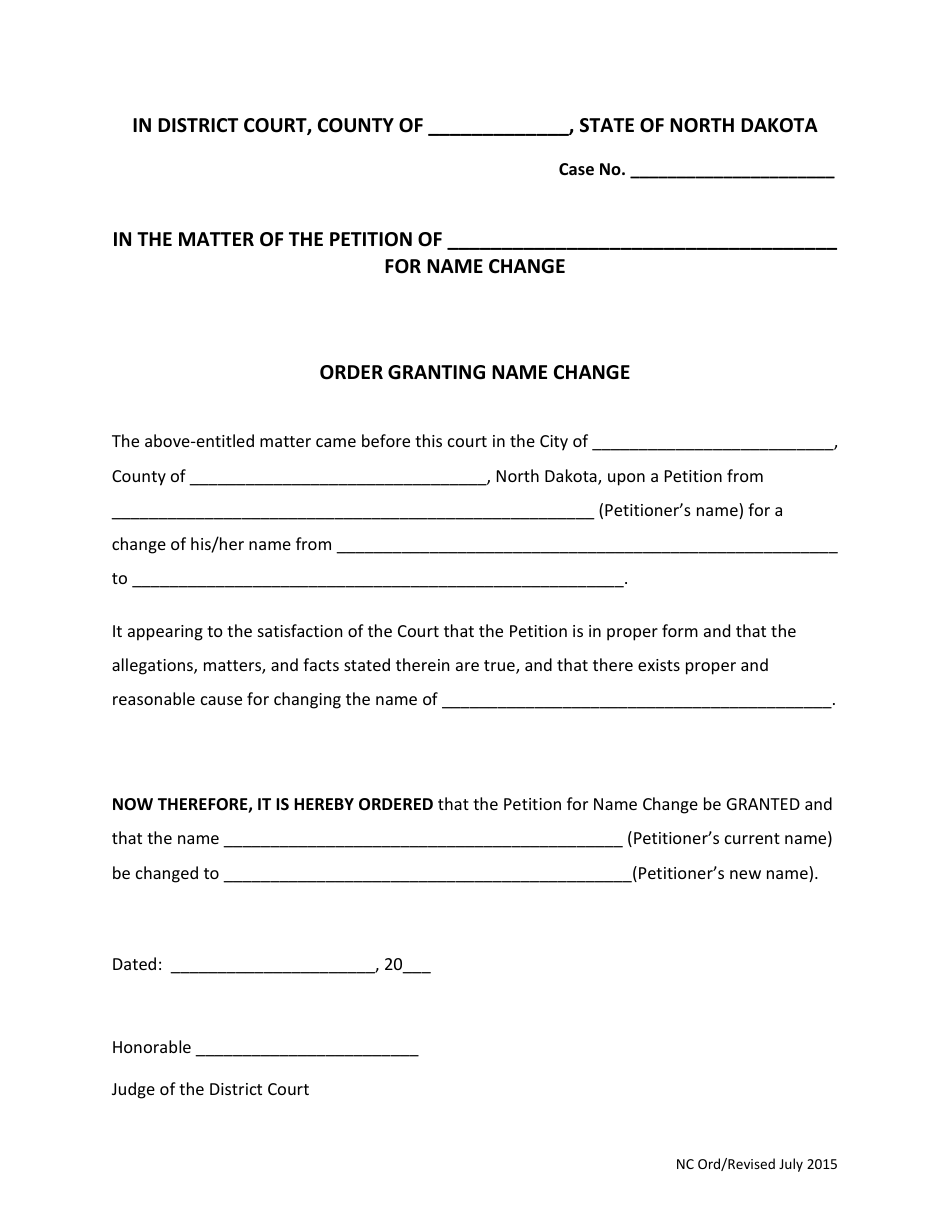Order Granting Name Change - North Dakota, Page 1