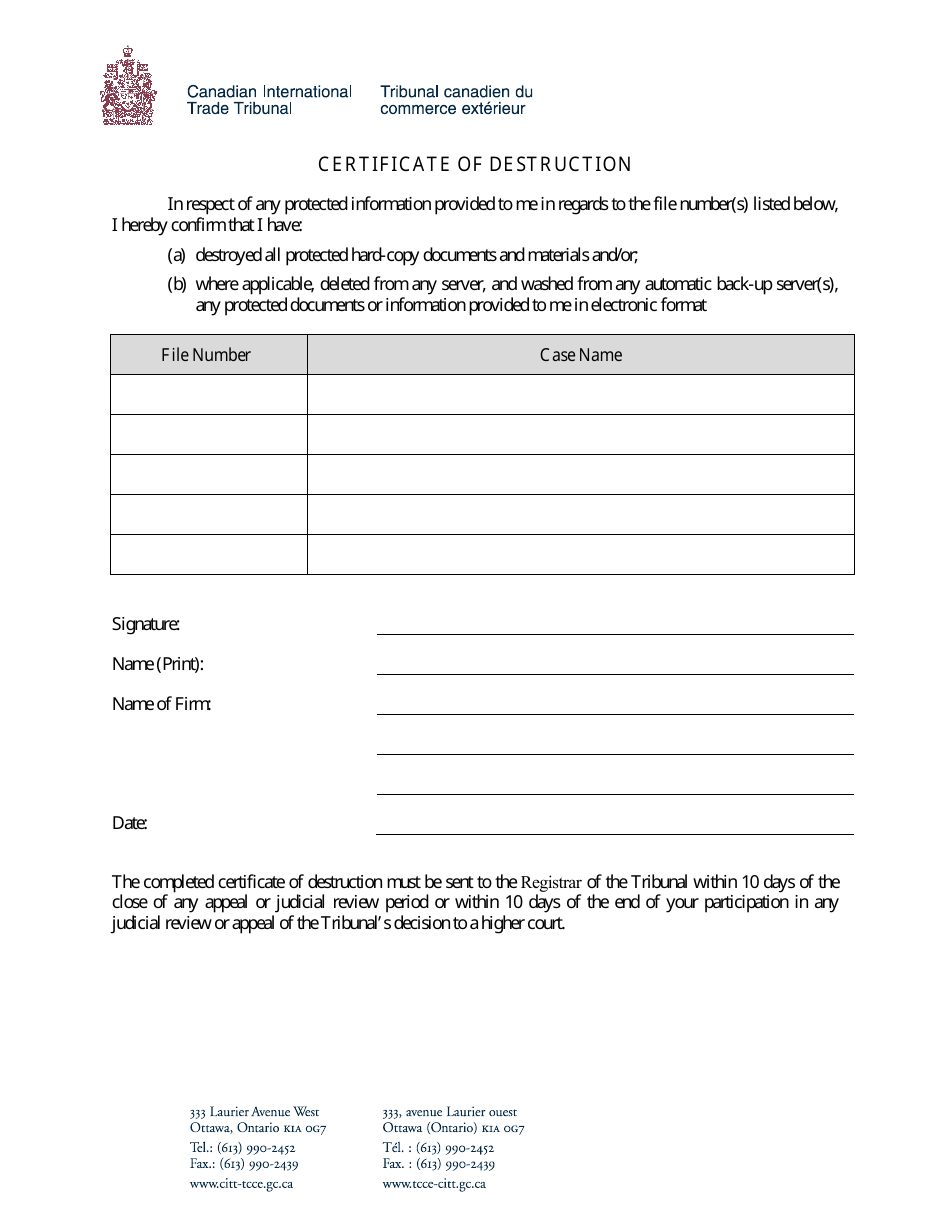 Certificate of Destruction - Canada, Page 1