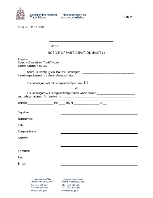 Form I Notice of Participation (Party) - Canada