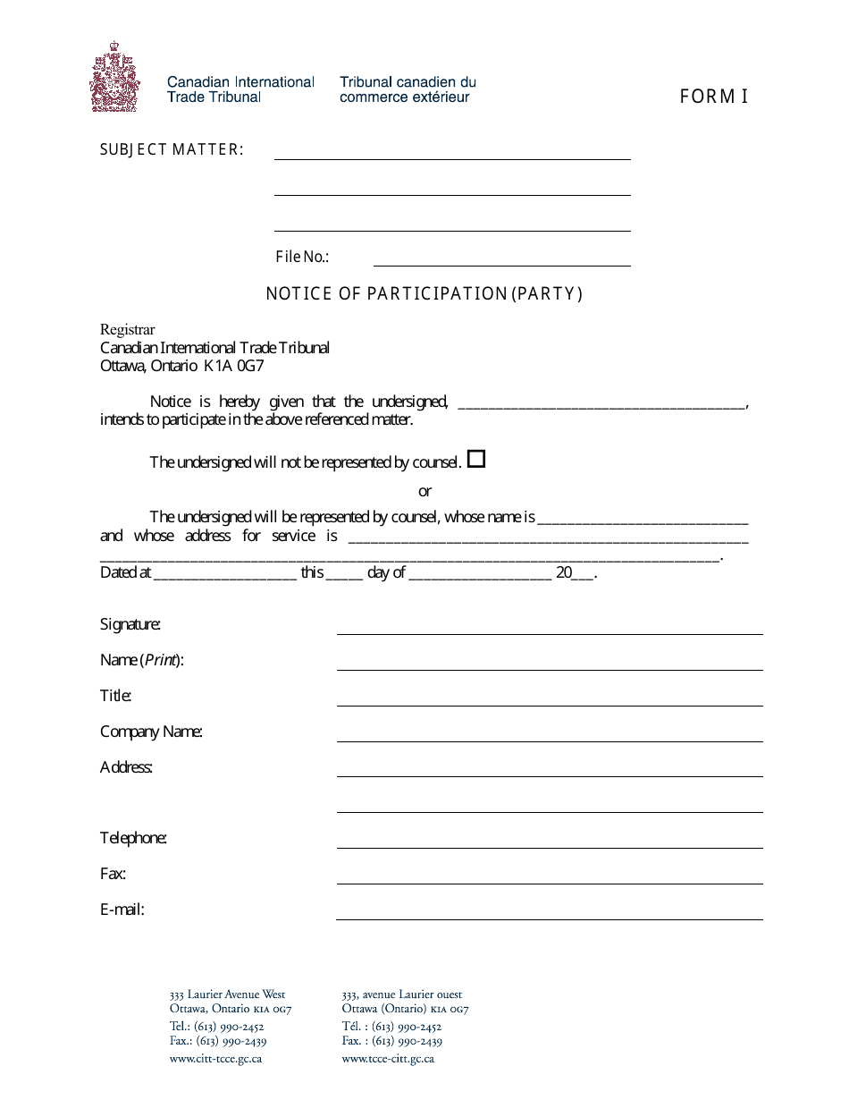 Form I Notice of Participation (Party) - Canada, Page 1