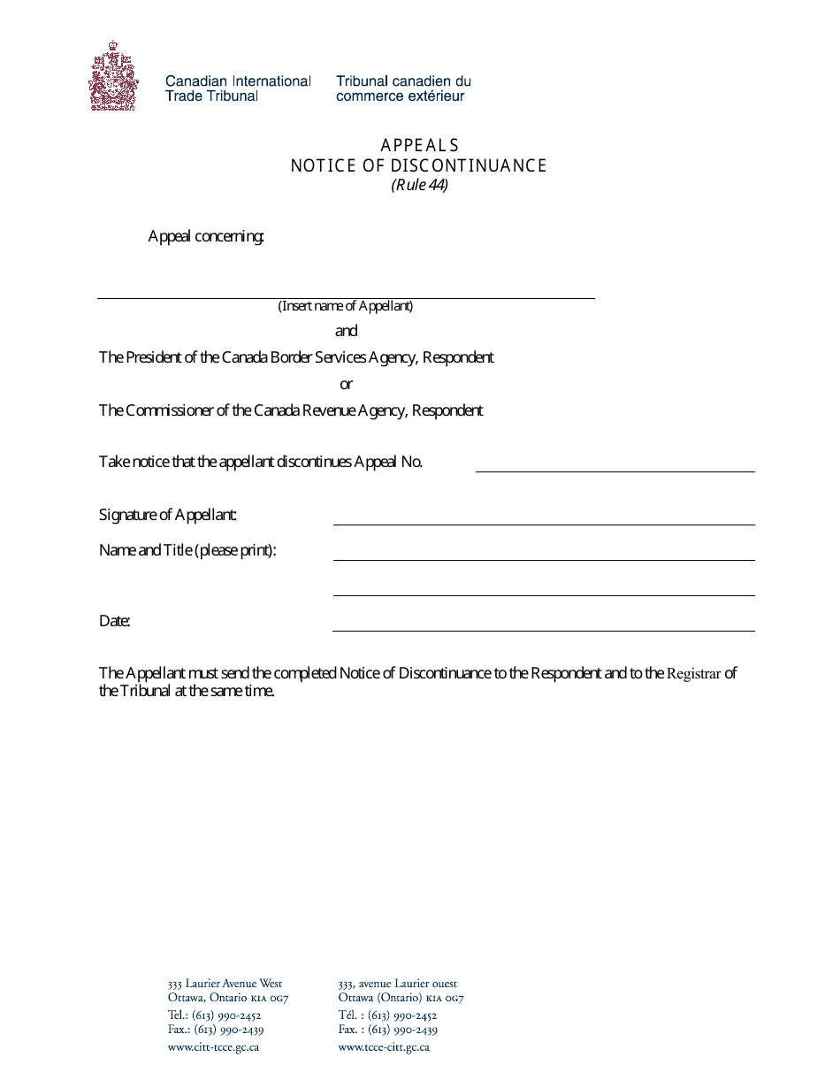 Appeals Notice of Discontinuance - Canada, Page 1