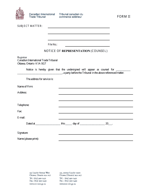 Form II Notice of Representation (Counsel) - Canada