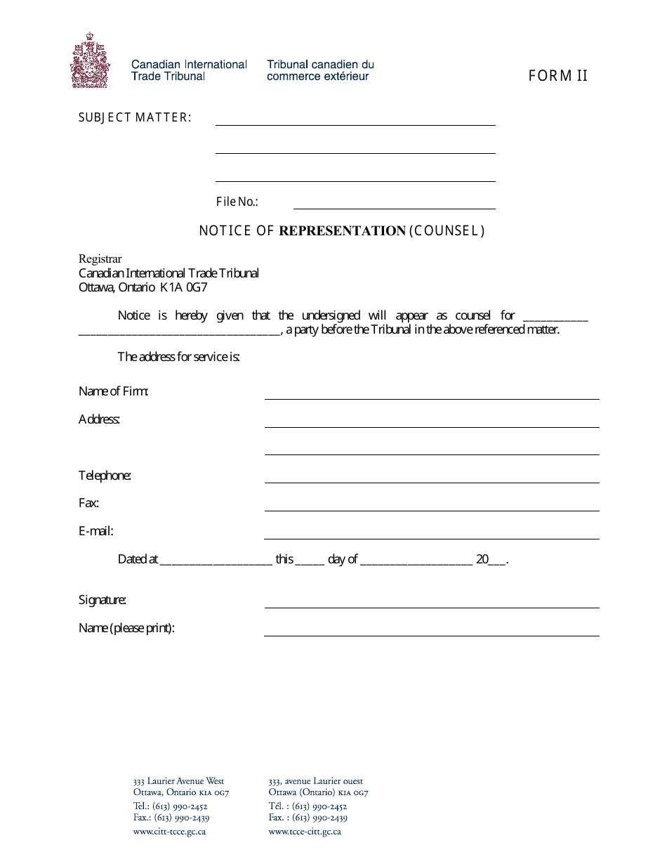 Form II Notice of Representation (Counsel) - Canada, Page 1