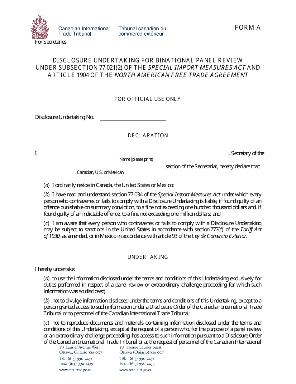 Form A Binational Panel Review - Disclosure Undertaking for Secretaries - Canada, Page 1