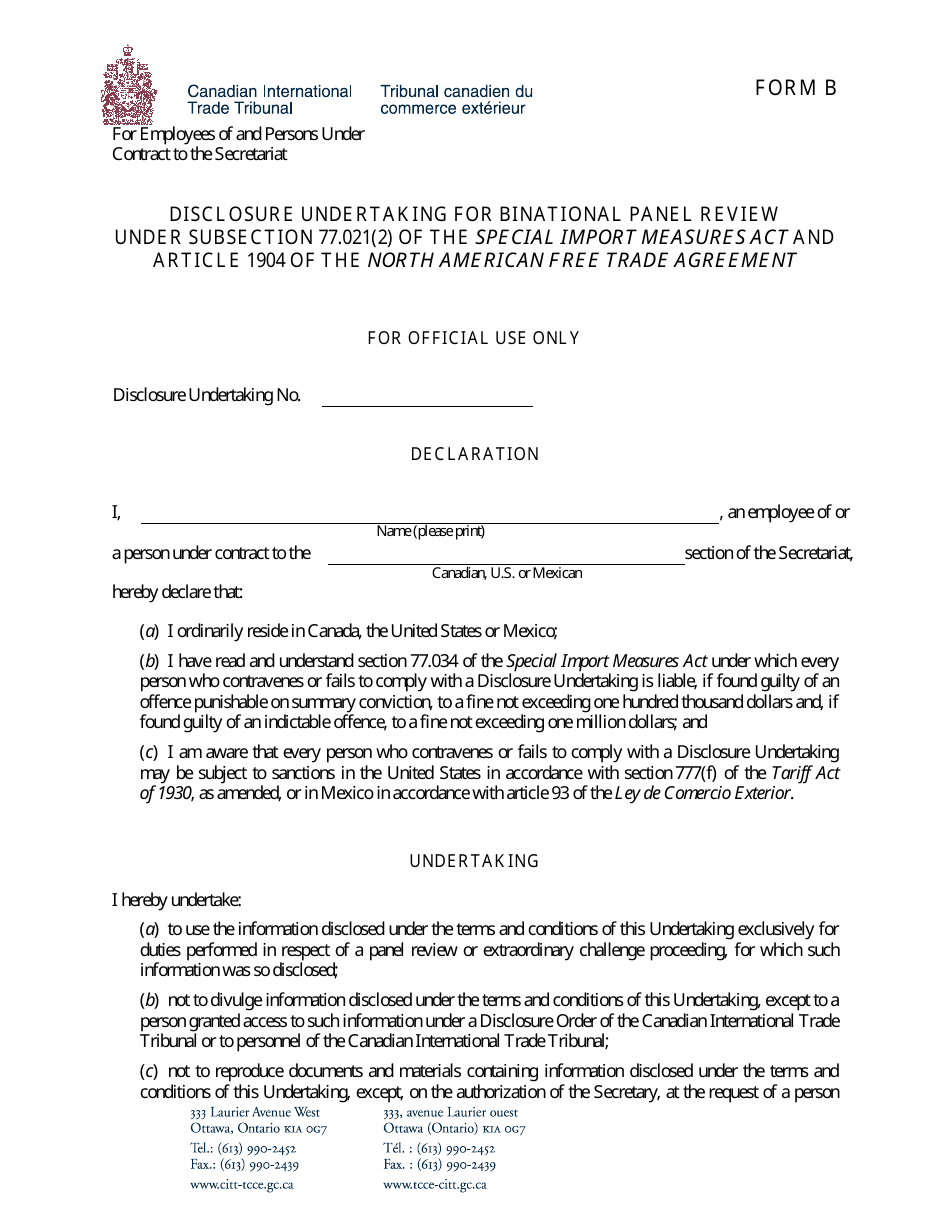 Form B Binational Panel Review - Disclosure Undertaking for Employees and Persons Under Contract to the Secretariat - Canada, Page 1