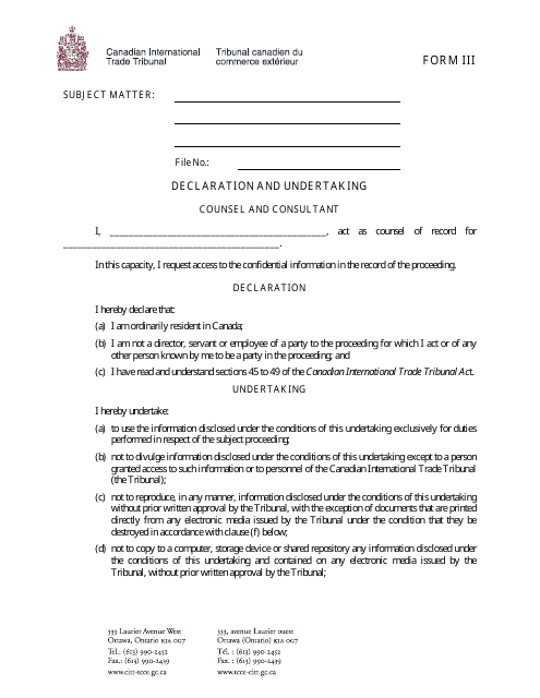 Form III Declaration and Undertaking (Counsel and Consultant) - Canada