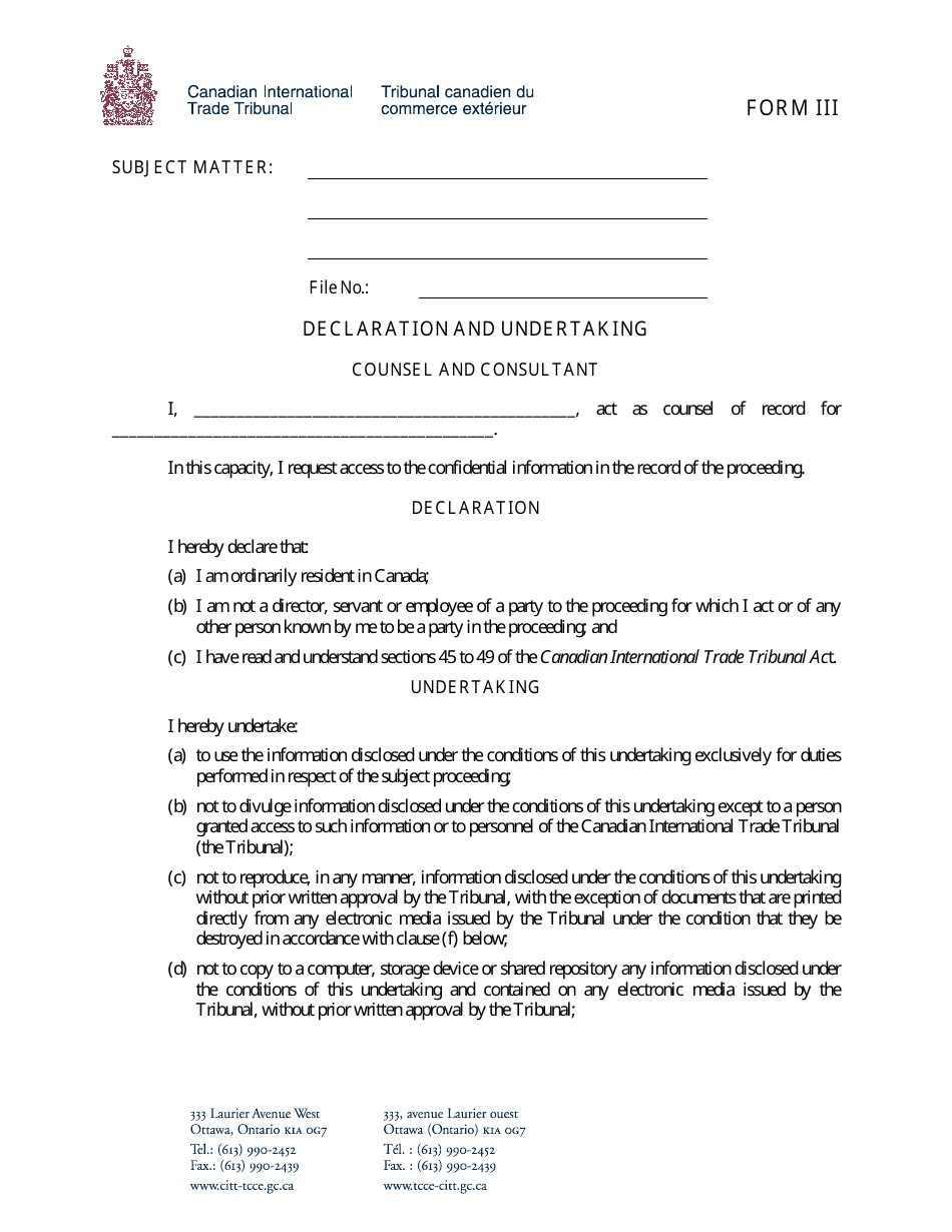 Form III - Fill Out, Sign Online and Download Printable PDF, Canada ...