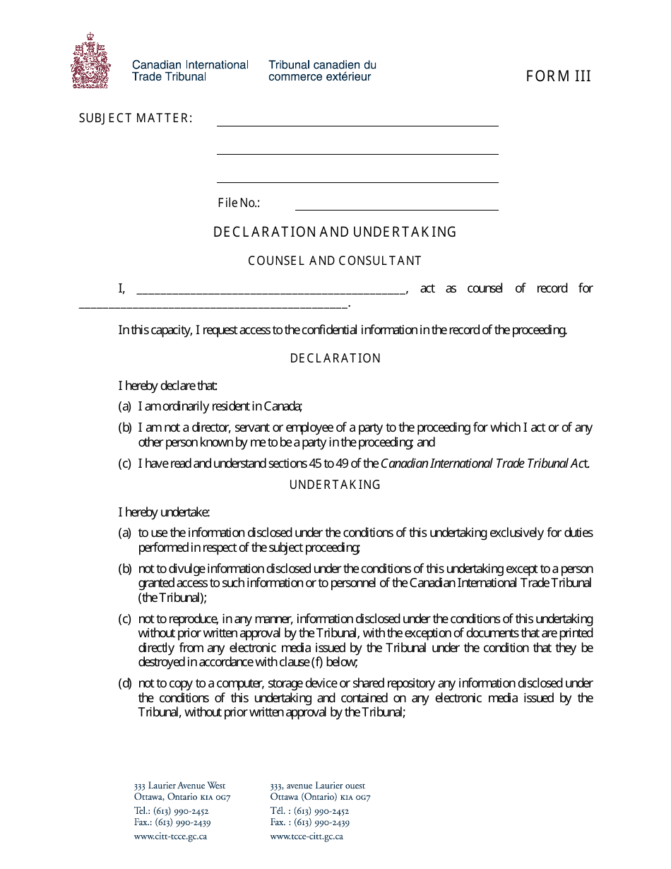 Form III Declaration and Undertaking (Counsel and Consultant) - Canada, Page 1