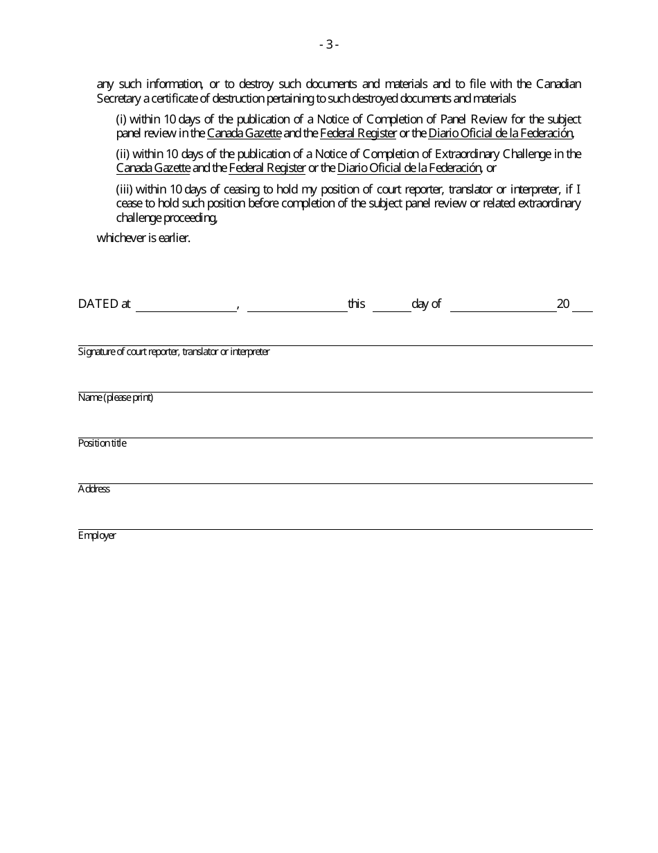 Form D Binational Panel Review - Disclosure Undertaking for Court Reporters, Translators and Interpreters - Canada, Page 3