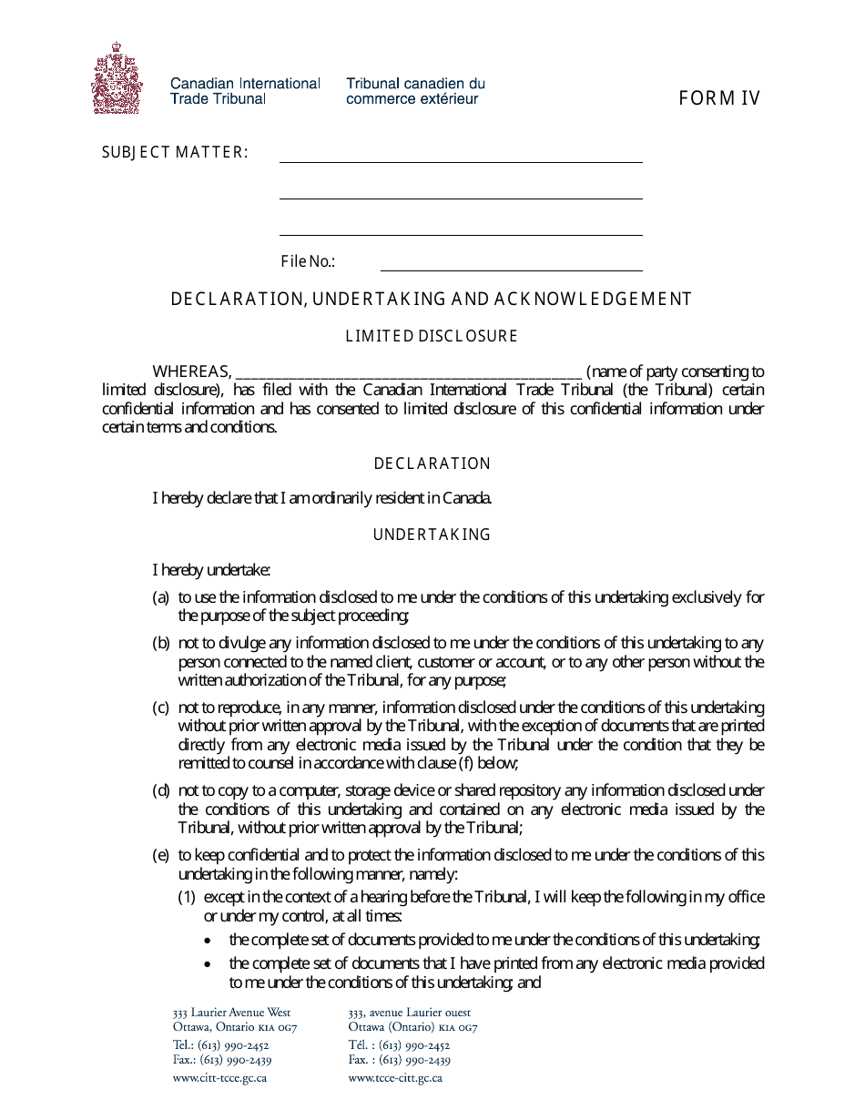Form IV Declaration, Undertaking and Acknowledgement (Limited Disclosure) - Canada, Page 1