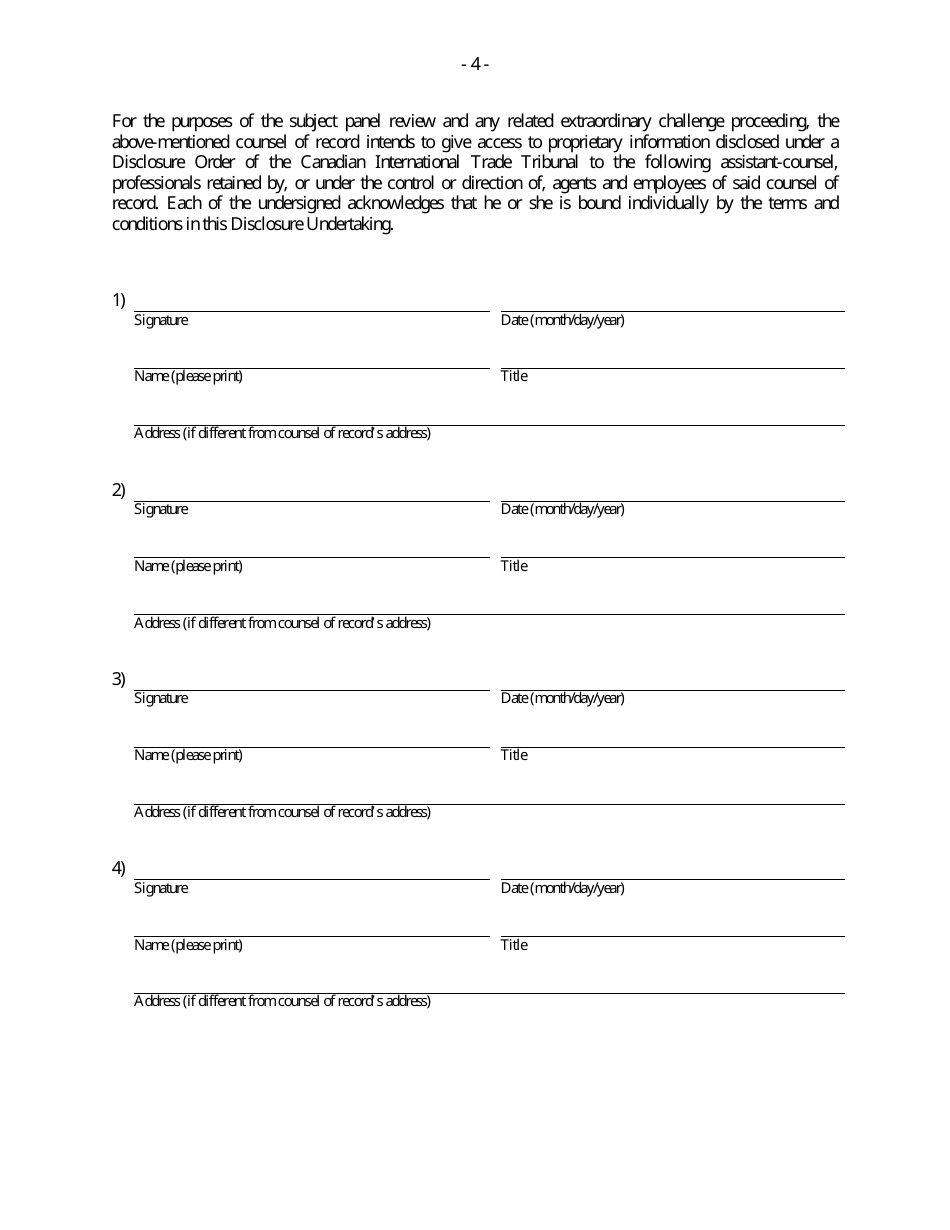 Form F Binational Panel Review - Disclosure Undertaking for Assistant-Counsel, Professionals, Agents and Employees of Counsel of Record - Canada, Page 4
