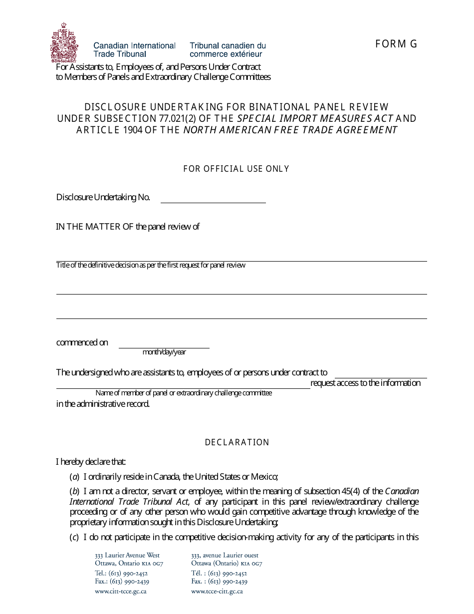 Form G Binational Panel Review - Disclosure Undertaking for Assistant to, Employees of, and Persons Under Contract to Members of Panels and Extraordinary Challenge Committees - Canada, Page 1