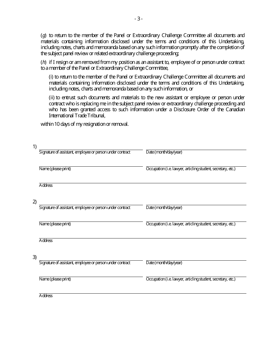 Form G Binational Panel Review - Disclosure Undertaking for Assistant to, Employees of, and Persons Under Contract to Members of Panels and Extraordinary Challenge Committees - Canada, Page 3