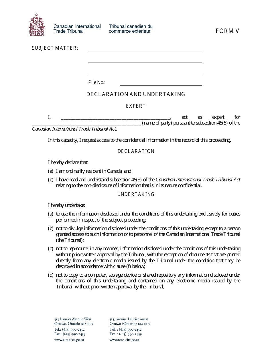 Form V Declaration and Undertaking (Expert) - Canada, Page 1