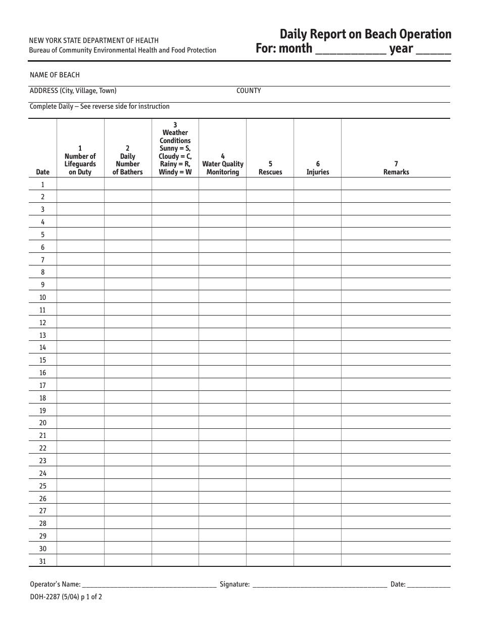 Form DOH-2287 Daily Report on Beach Operation - New York, Page 1