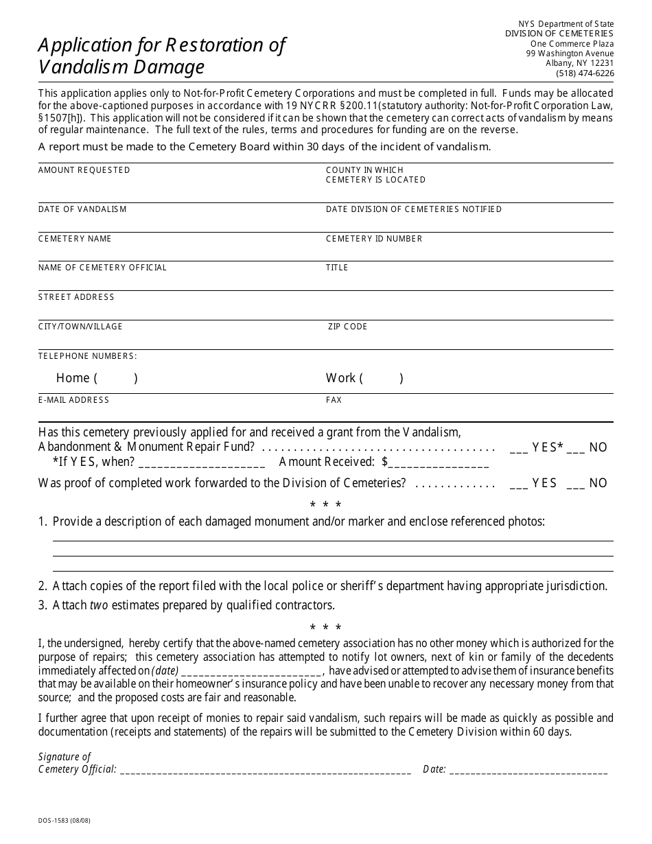 Form DOS-1583 Application for Restoration of Vandalism Damage - New York, Page 1