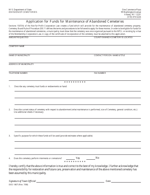 Form DOS-1807 Application for Funds for Maintenance of Abandoned Cemeteries - New York