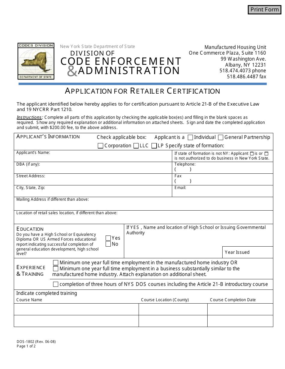Form DOS-1802 Application for Retailer Certification - New York, Page 1