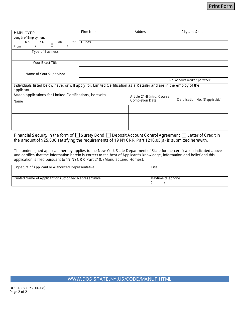 Form DOS-1802 Application for Retailer Certification - New York, Page 2