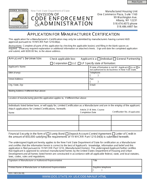 Form DOS-1803 Application for Manufacturer Certification - New York